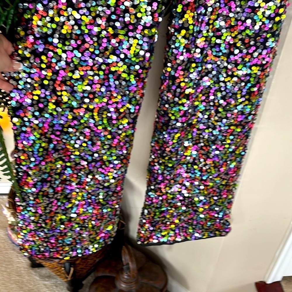 NWOT Nasty Gal Rainbow Sequin High Waist Wide Leg Flare Pants NYE Party Club - Picture 12 of 16
